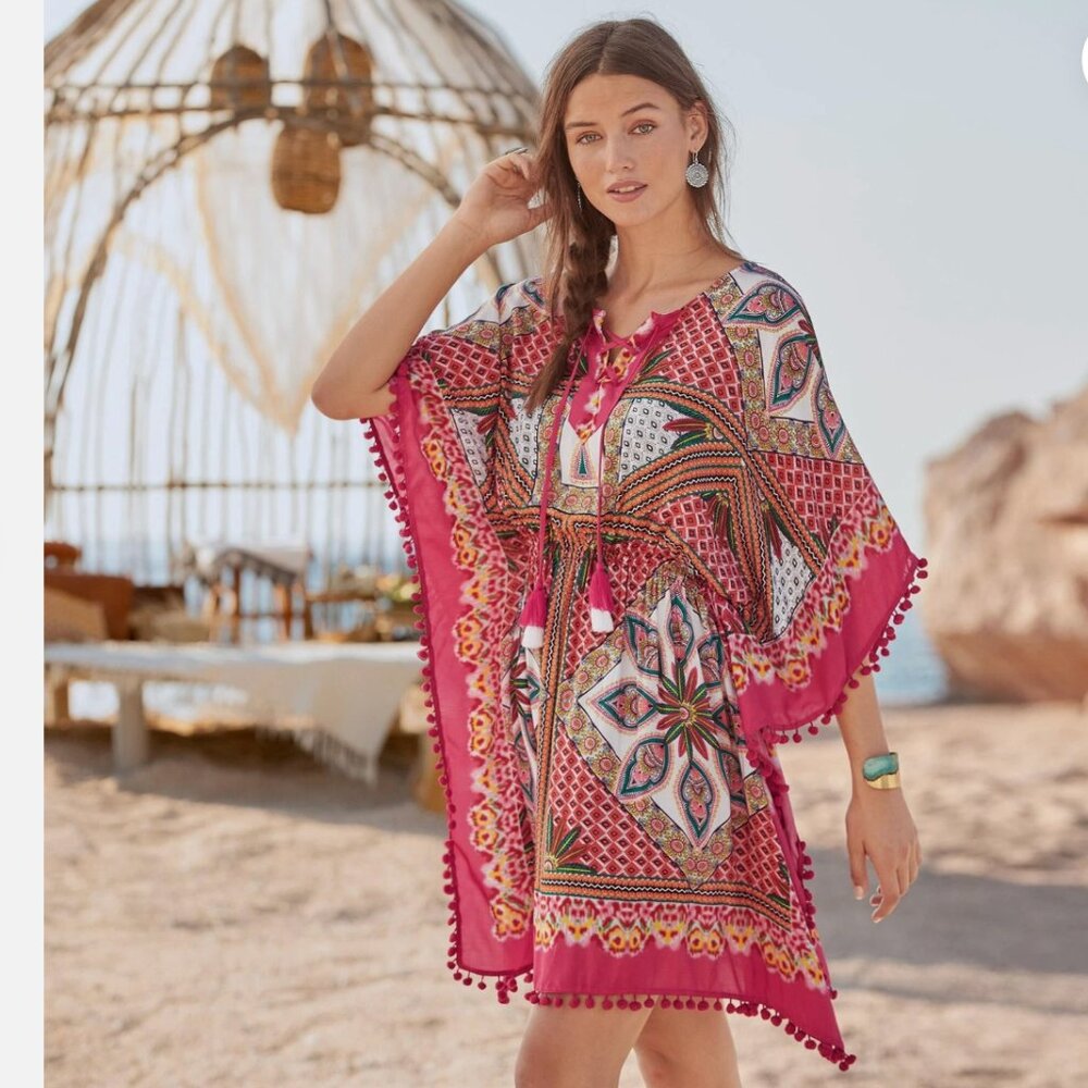 Sundance Dress Atzi Beach Coverup Red Multi Pom Pom Elastic Waist Pullover